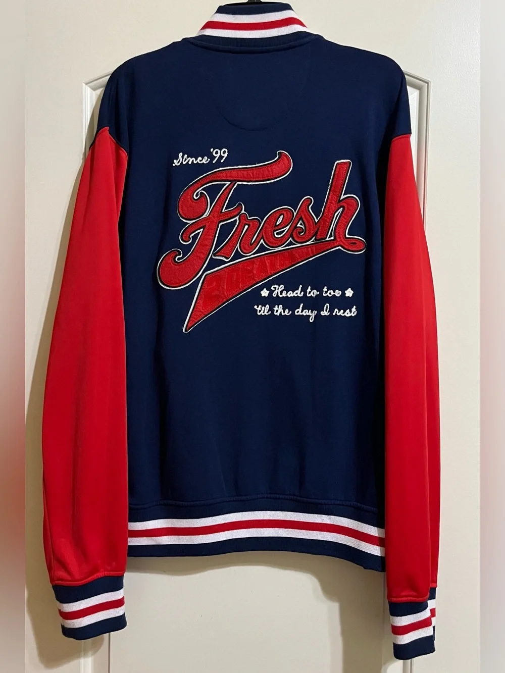 Rocawear Navy Blue Red White Varsity Bomber Jacket With Graphic Back 2XL